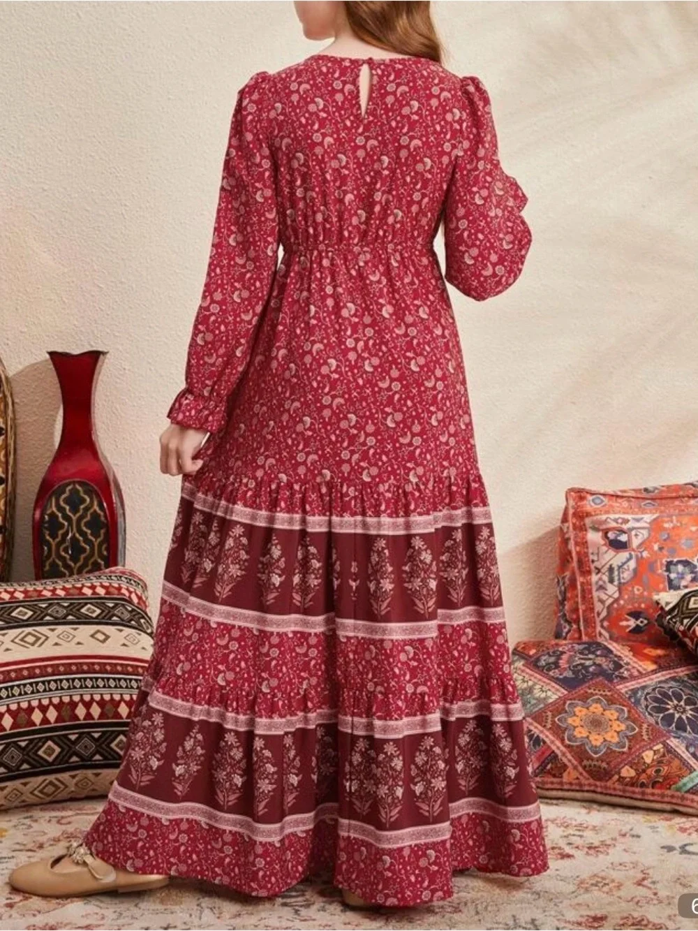 Girls Red Floral Boho Maxi Dress with Long Sleeves